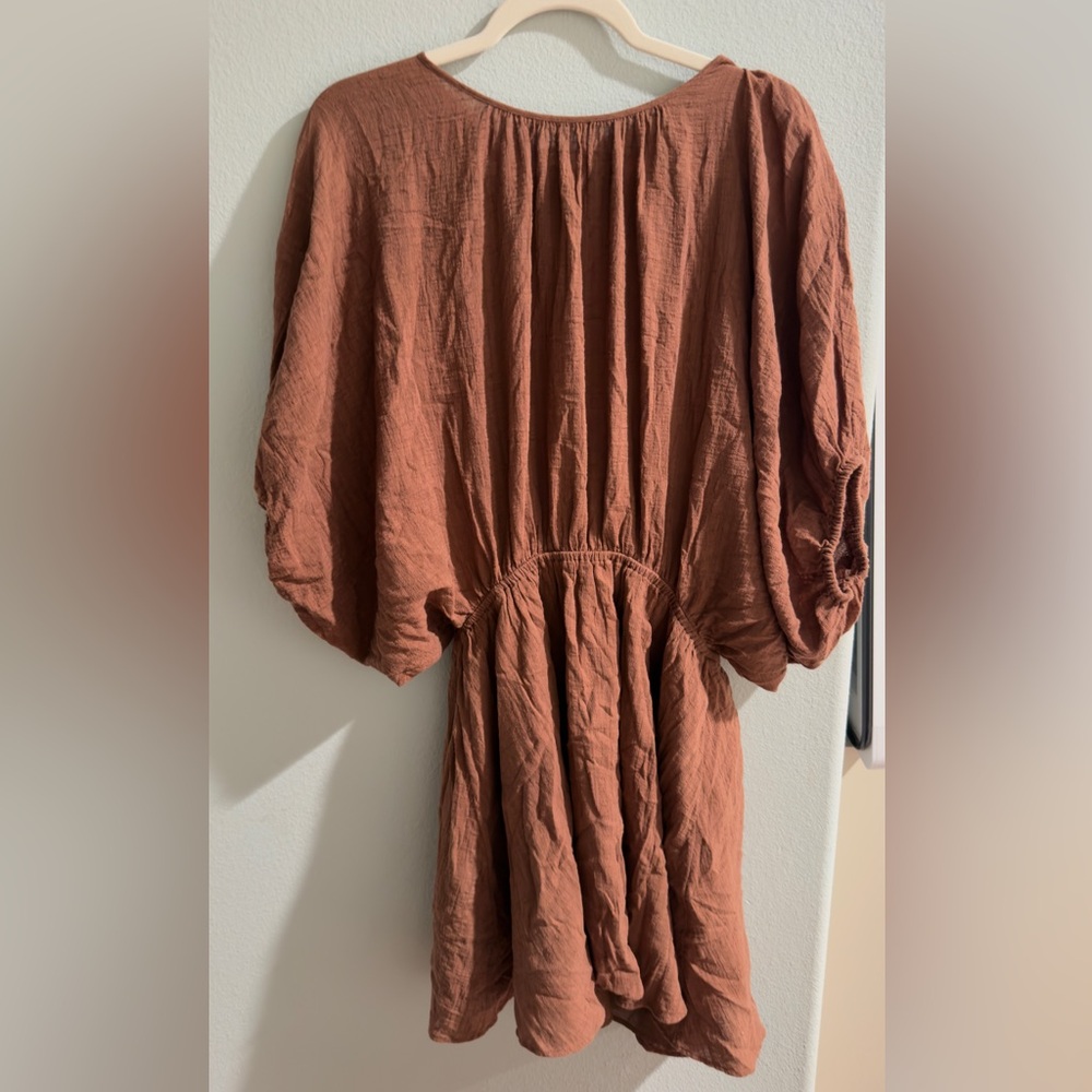 aerie Rust Brown Gauze Bubble-Sleeve Dress